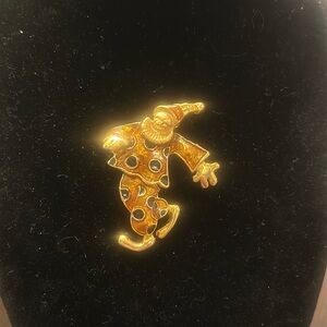 Articulated jester/clown, amber/black/gold toned brooch or pendant-2”x1.5”